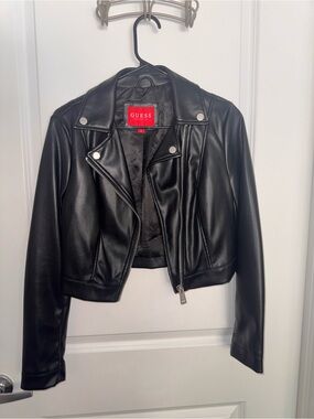 Guess Black Faux Leather Moto Jacket with Silver Hardware
